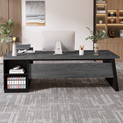 Bureau de direction en L 78 po avec rangement, bureau à domicile avec 2 tiroirs et 4 tablettes ouvertes, gris et noir