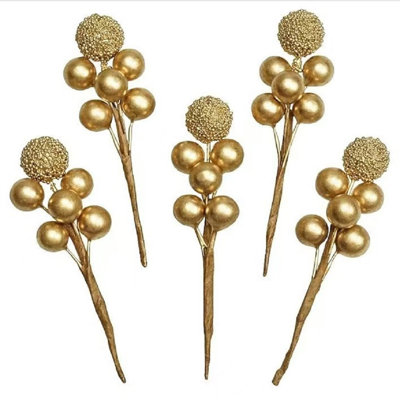 20pcs Glitter Fake Artificial Gold Berries Picks Christmas Tree Decorations Foam Flower Core Wedding Garland Holiday Party Photography Props