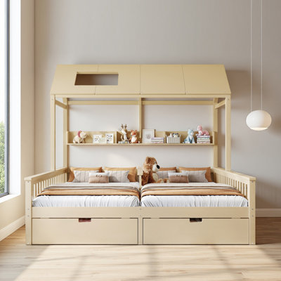 Lit plateforme simple double avec tablettes et tiroirs de rangement, lit plateforme avec lattes de soutien, conception enfantine et maisonnette