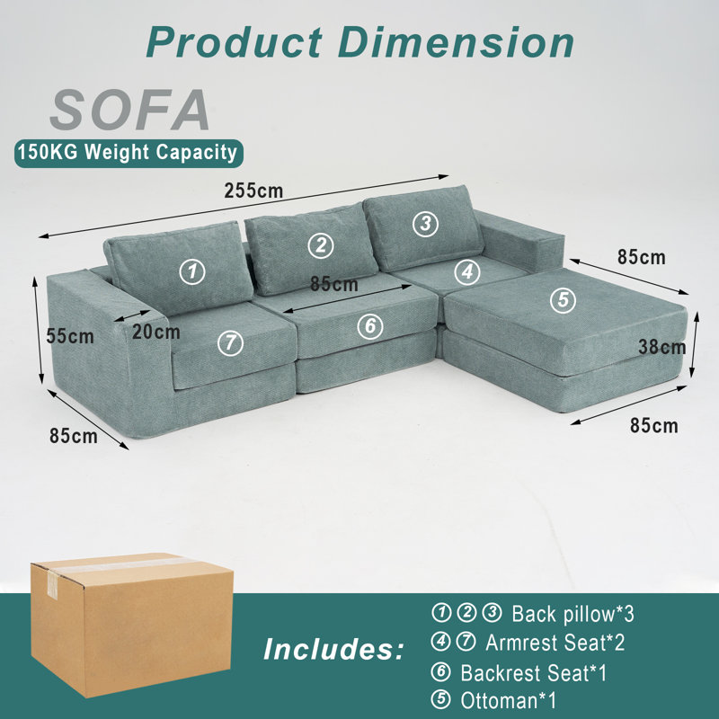 255cm Modular L-Shaped Sofa Bed, 7-in-1 Boneless Cloud Couch, Chenille Sectional, No Assembly, Teal