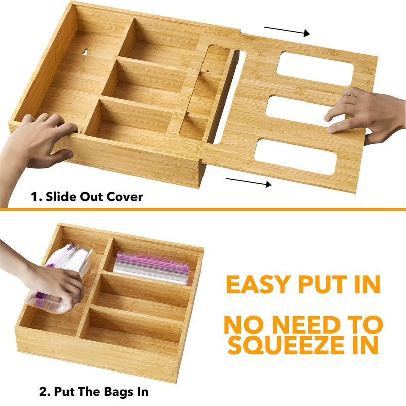 Organisateur de rangement de sac pour tiroir de cuisine, organisateur en bambou, compatible avec des sacs de tailles variées (1 boîte et 4 fentes)