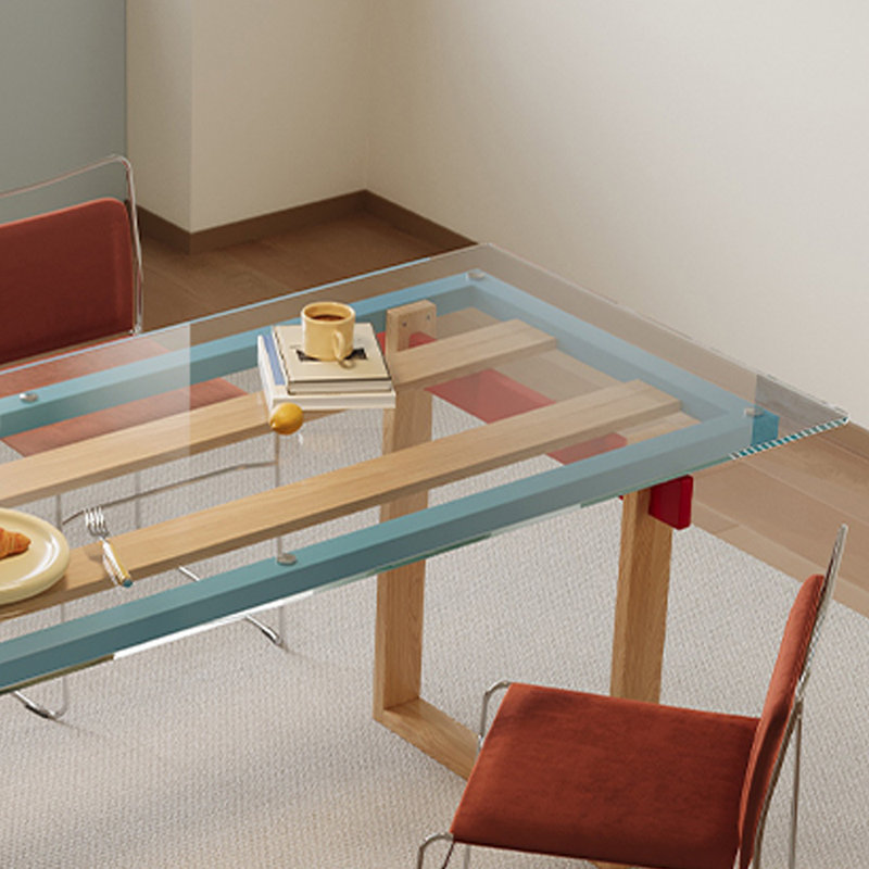 Innovative tempered glass and solid wood table, 29.52"H x 70.86"L x 27.55"W