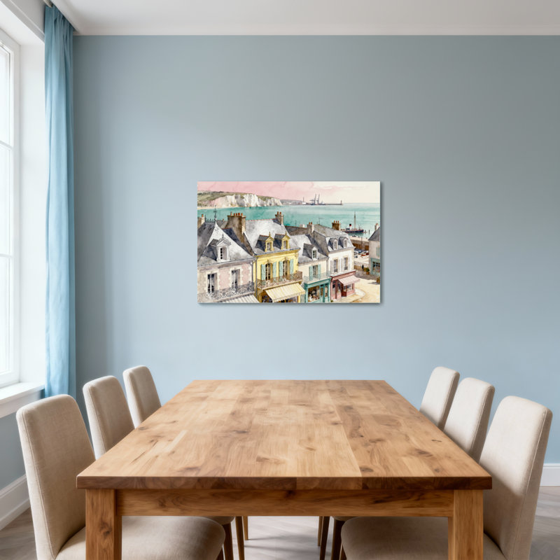Scène d'aquarelle de ville côtière charmante, H 12 po x l 18 po