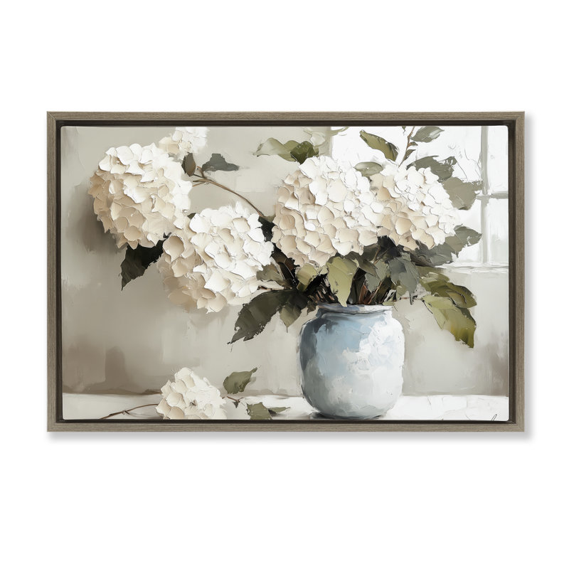 Bouquet de pétales d'hortensia, Cadre flottant orme Montalcino, H 21 po x l 31 po
