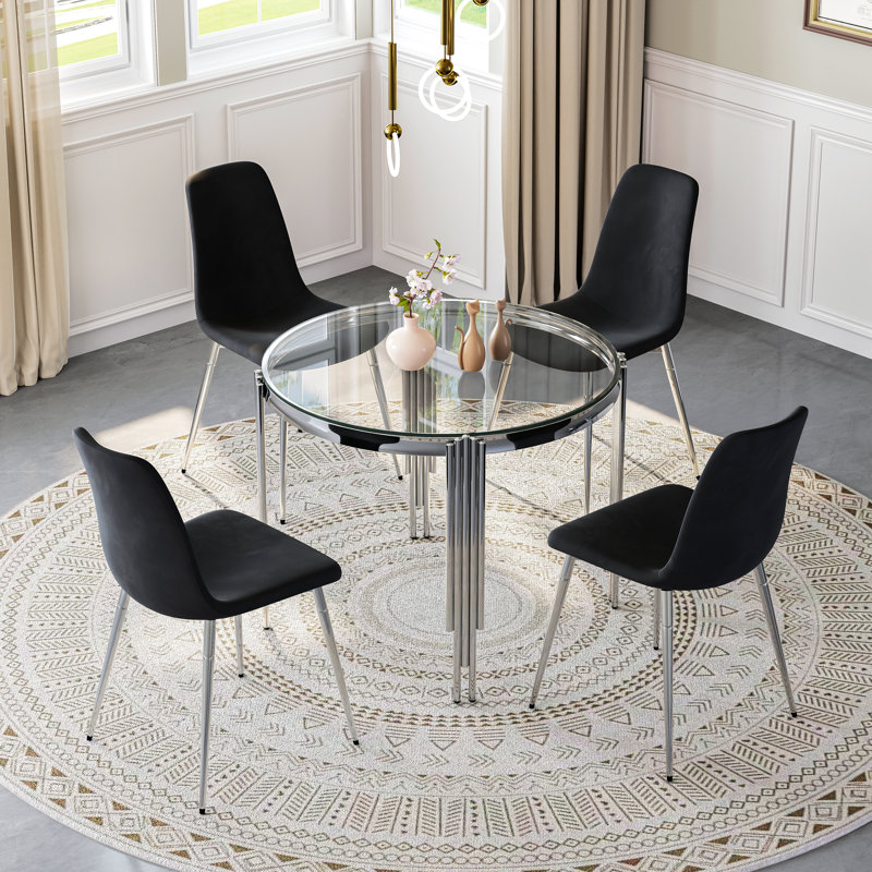 Round Glass Dining Table Set For 4, Modern Irregular Stainless Steel Table With Velvet Cushioned Chairs, Clear/Silver