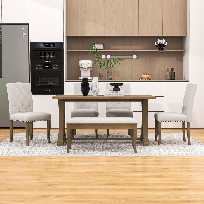 Bembow 6 - Piece Trestle Dining Set, Rectangular Trestle Table, Upholstered Chairs and Bench, Natural Wood Wash