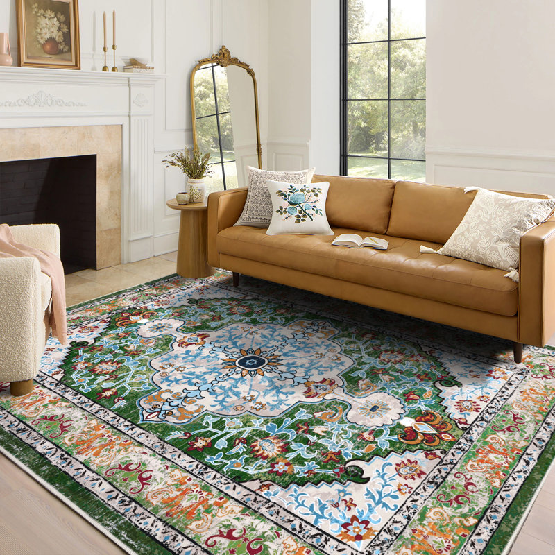 Tapis oriental antidérapant Boho, Bleu / orange / vert, Rectangle 9 pi x 12 pi
