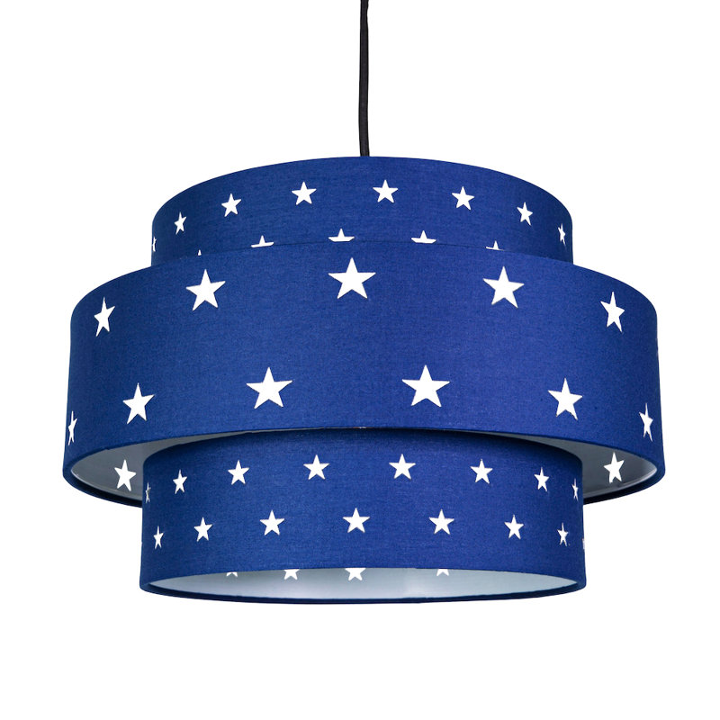 Triple Tier Cotton Fabric Childrens Pendant Shade with Stars Decor, Blue