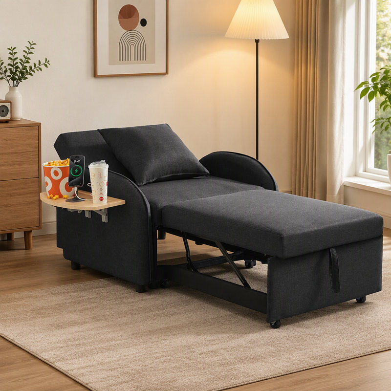 Canapé-lit/méridienne convertible 3 en 1 bleu foncé multifonctionnel : dossier réglable, table dépliable et port USB – Convient aux appartements et aux espaces restreints