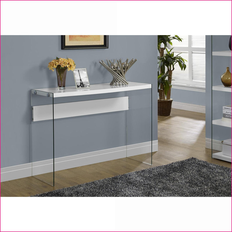 Table basse moderne blanc brillant avec verre trempé transparent, conception étroite pour le hall d'entrée / salon / chambre à coucher, surface spacieuse