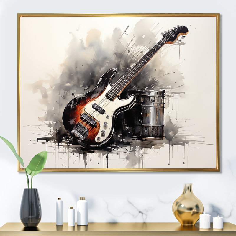 «Brown Charcoal Guitare Vibations III», art mural musique, Cadre flottant noir, H 24 po x l 32 po x P 1 po