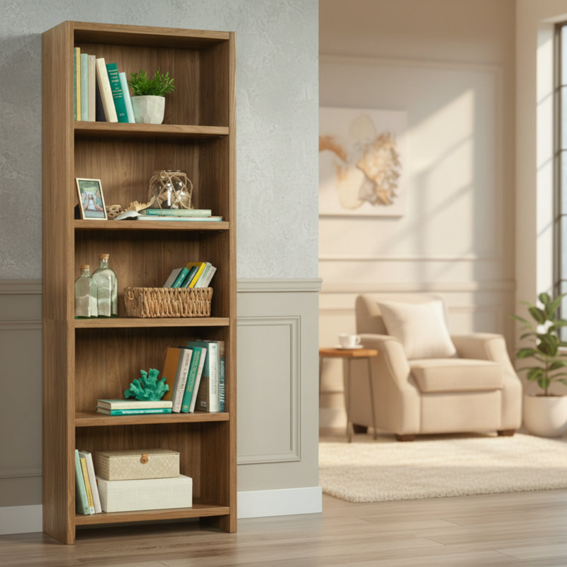 A Classic Five-Tiered Bookshelf With An Elegant Walnut Wood Finish, Exuding A Calm And Timeless Aesthetic That Complements Any Space.
