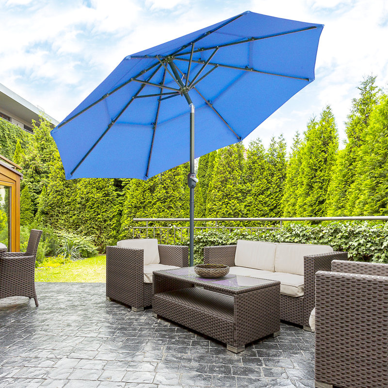 Parasol de patio 9 pi avec auvent bleu foncé et inclinable, pour la pelouse de jardin 9 pi 3 po - Cour arrière inclinable à manivelle, pelouse, espace