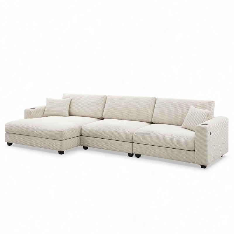 Modern L-Shaped Sectional with USB Port and Cup Holder, Beige Corduroy