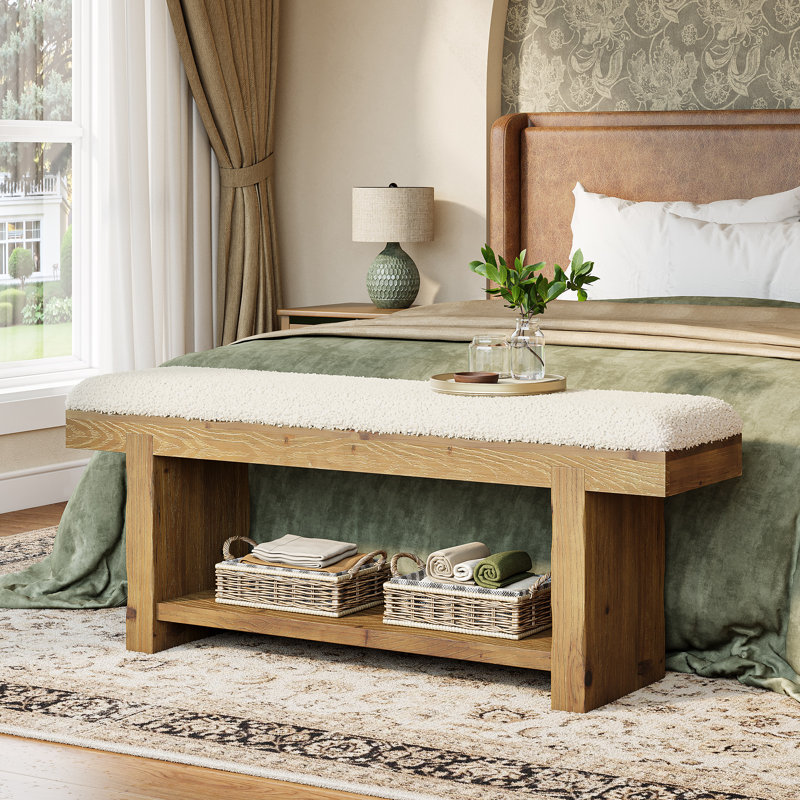 47.2"  Solid Wood Bench with Upholstered Cushion, Farmhouse Bench for Entryway, End of Bed, Hallway