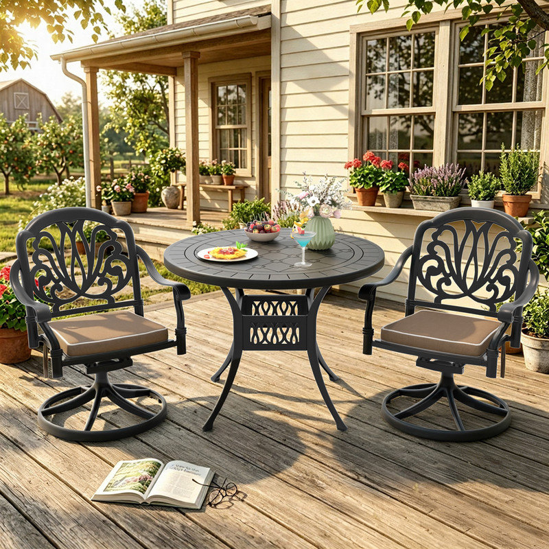 2-Person 39.37" Round Bistro Dining Set with 2 Swivel Chairs, Brown Cushions, 2
