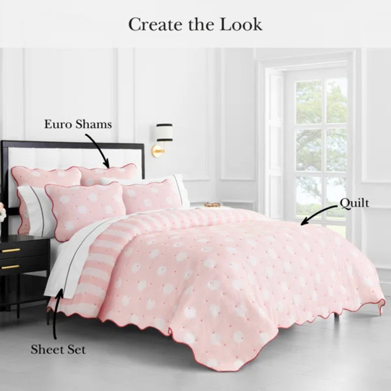 kate spade new york Stripe Dot Quilt Bedding Set, Reversible Cotton Bedding, Pink, 2, Twin Quilt + 1 Standard Shams