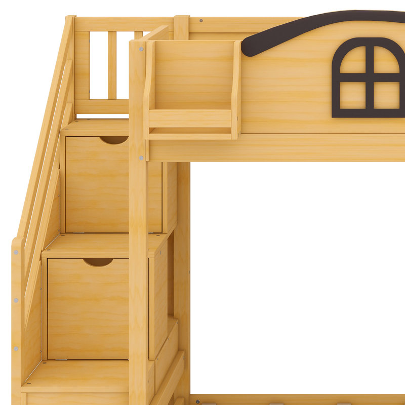 Lit superposé avec escalier de rangement intégré, glissade, garde-robe intégrée et tablettes, Naturel