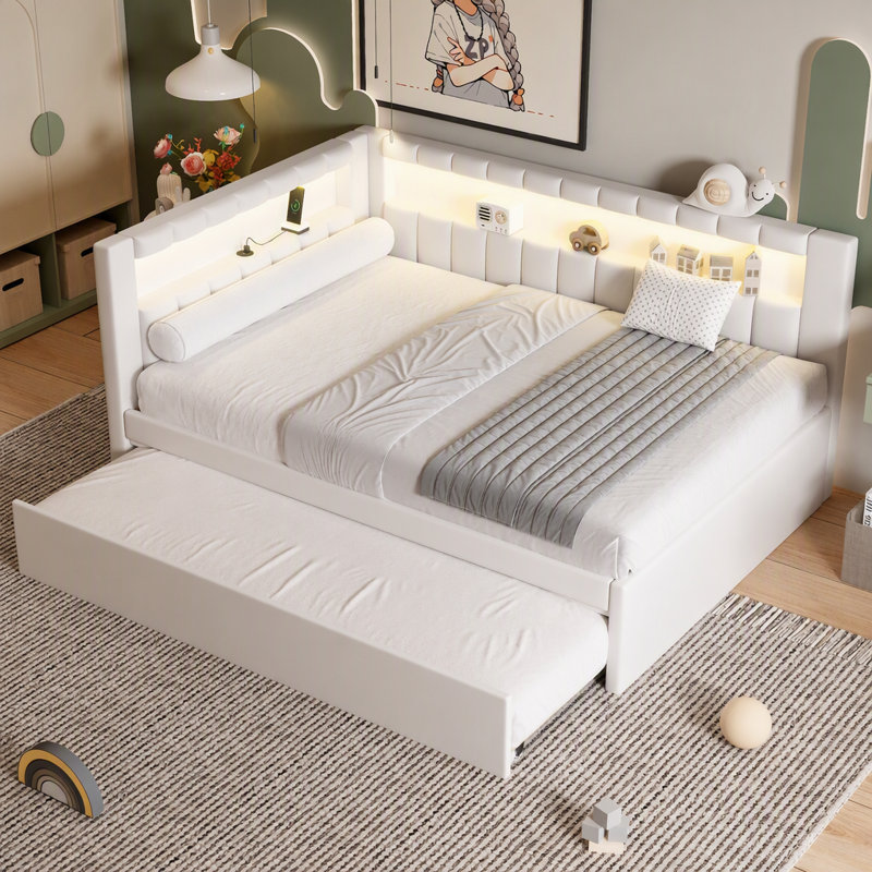 Lit plateforme tapissier pleine grandeur avec ports USB et ceinture à DEL, avec lit gigogne, blanc, Blanc