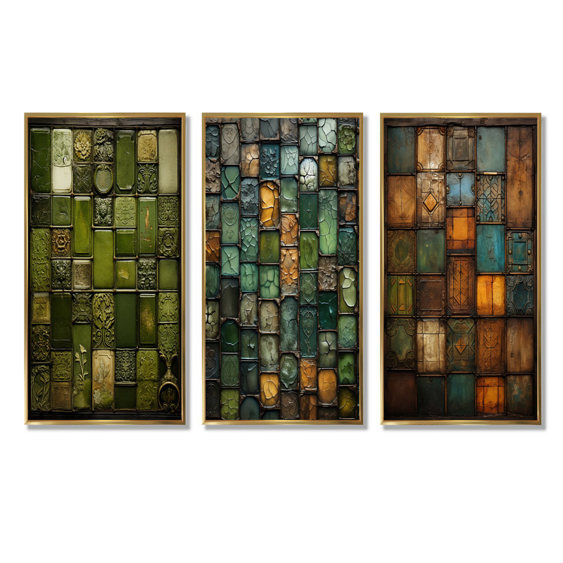 Green Stones Tiles I - Ensemble de 3 tuiles murales abstraites, Cadre flottant doré, H 28 po x l 36 po