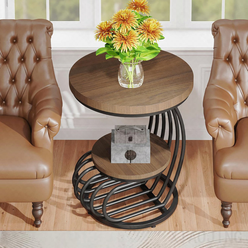 Table de bout ronde 19,68 po avec rangement à 2 niveaux - table d'appoint brun clair avec structure en métal arqué, table de chevet compacte ou table d'appoint pour le salon, la chambre à coucher et les petits espaces