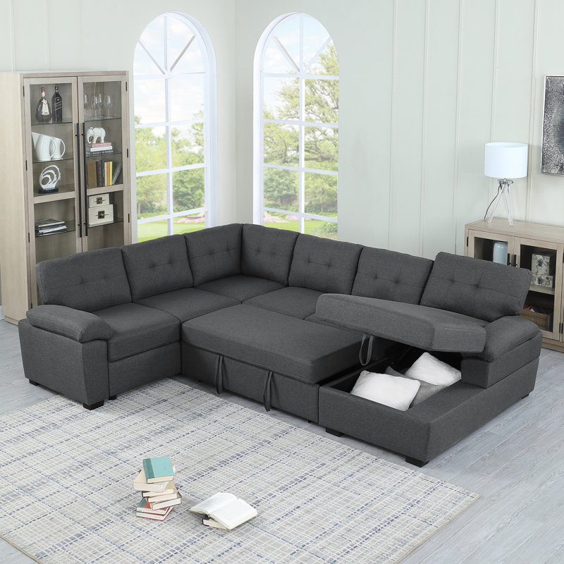 Aine 118" Wide Fabric Sectional Sleeper Sofa (Pull-Out Bed) With Storage Chaise, Dark Grey Fibre