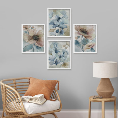 «Blue Gingko Leaves Flowers Botanical Floral», ensemble de 4 reproductions de cadres photo simples
