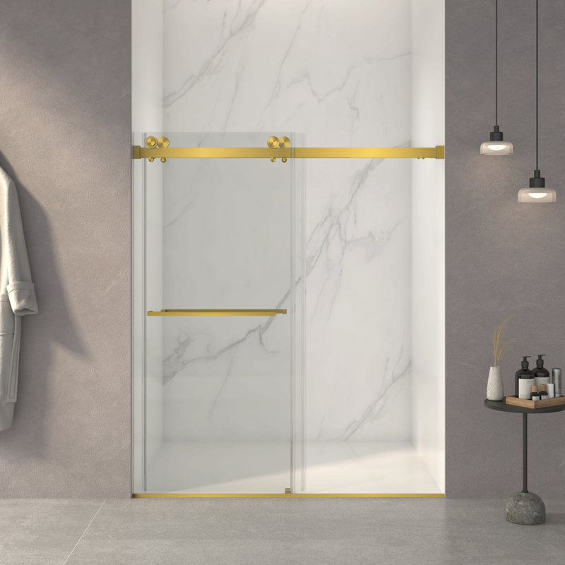 Porte de douche coulissante double sans cadre l 56 à 60 po x H 70 po, verre trempé clair Sgcc de 5/16 po (8 mm) d'épaisseur, couche facile à nettoyer à double face, finition or brossé avec tampon