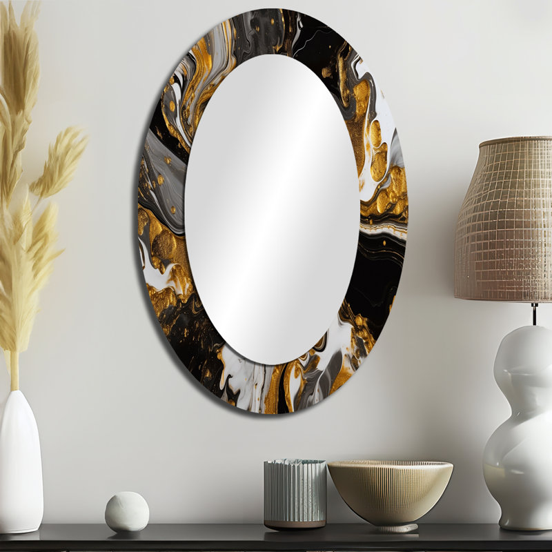 Gold Black Marbled Dreamscape II - Large Oval Wall Mirror On Metal, 36" x 24"