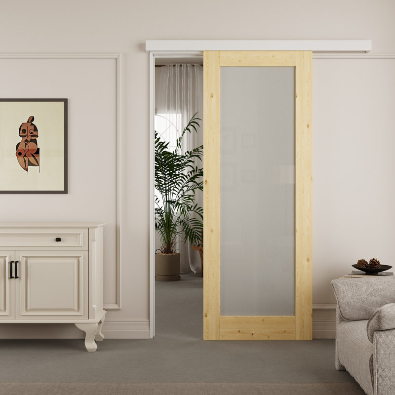 Porte de grange coulissante en verre massif givré avec ensemble de quincaillerie Hidden Style, 30 po x 96 po
