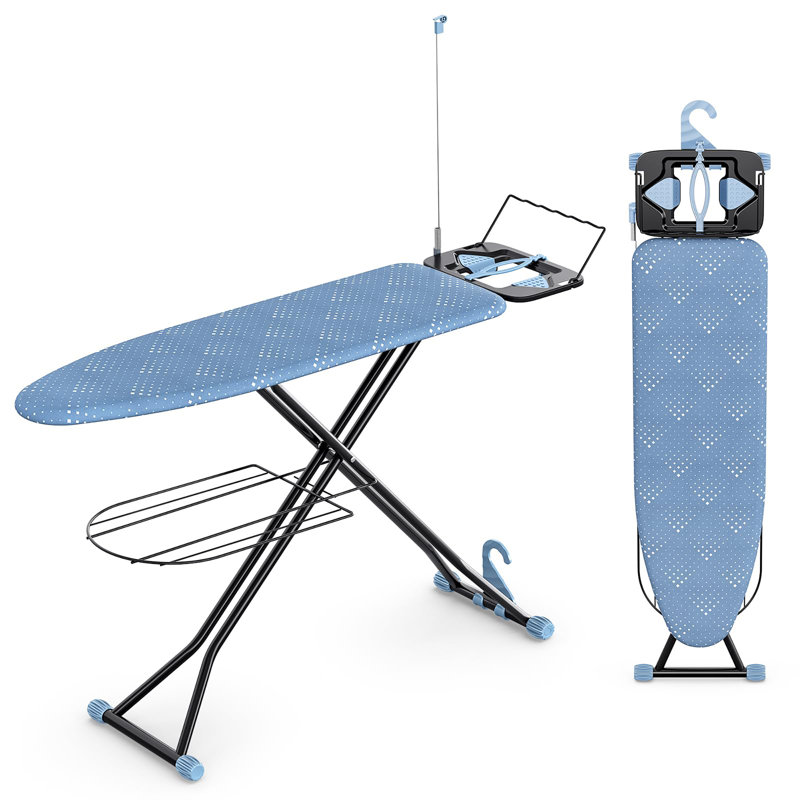Full Size Compact Ironing Board with Extra Thick Cover, 7 Adjustable Height Stands with Hanger and Ironing Board, Large Heavy Duty Ironing Board with Storage Tray