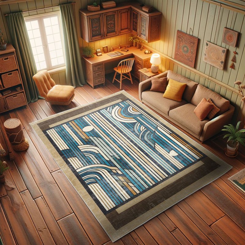 Mid Century Modern Blue and Brown Synthetic Runner Rug