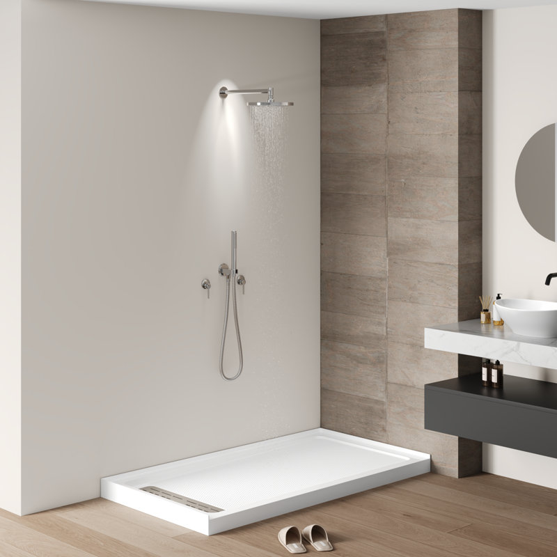 Base de douche blanche 60 po x 32 po avec ensemble de bonde et couvercle de bonde inclus, bac de douche antidérapant, bonde gauche