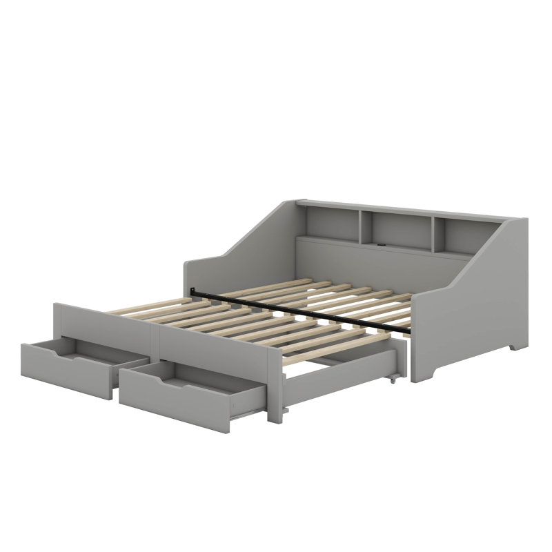 Twin Daybed With Storage Bookcases And Two Drawers, Wood Bed Frame With Trundle And USB Charging Design, Gray