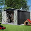 Remise de rangement extérieure en métal 10 x 10 pi, noire, structure robuste, portes doubles verrouillables, toutes saisons pour cour, pelouse et patio, outils spacieux, toit imperméable et incliné avec ventilation coulissante