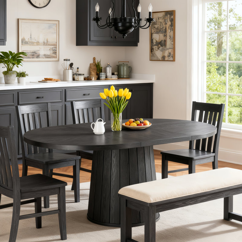 55 Inch Oval Dining Table With Wood Base For Dining Room, Kitchen, Black