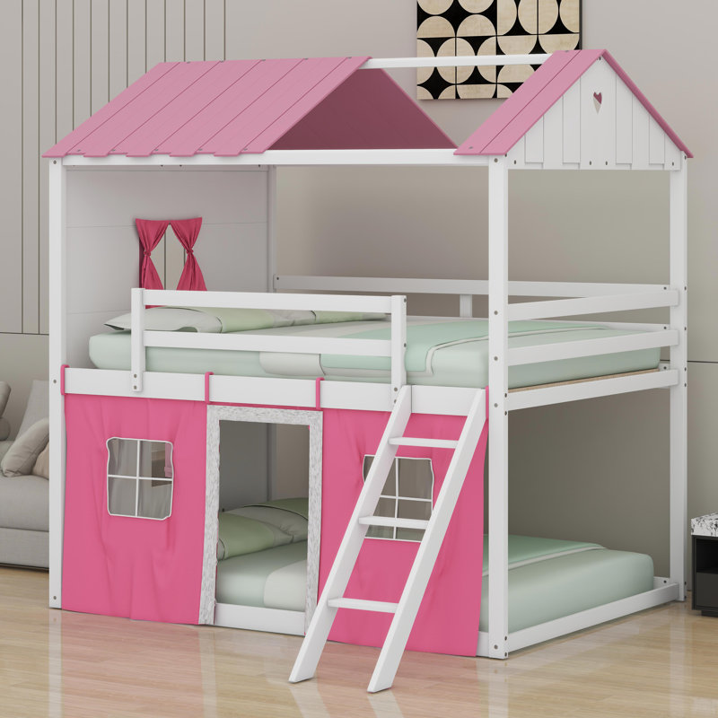 Lit superposé en bois avec fenêtres élégantes, Blanc / Rose