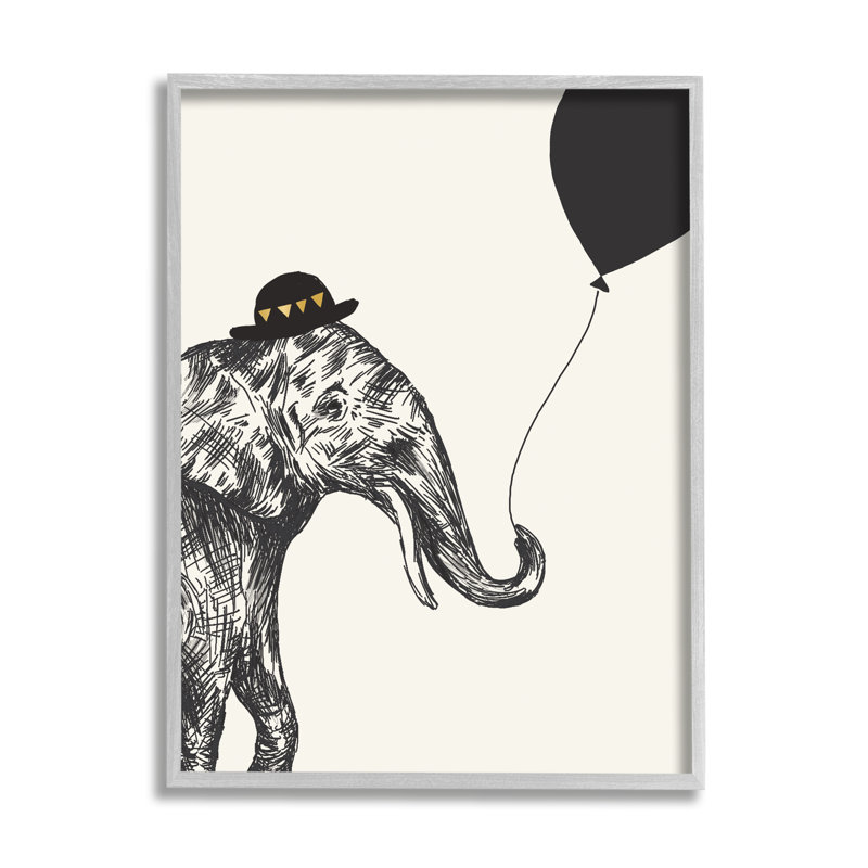 Éléphant avec un chapeau de Derby tenant un ballon noir, H 14 po x l 11 po x P 1,5 po, Estampe numérique Farmhouse