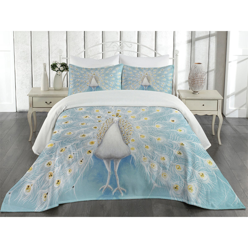 Twin White Microfiber Quilted Peacock Bedspread Set