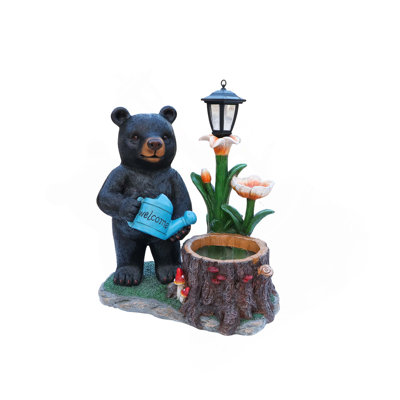 Polyresin Bear Garden Planter with Decorative Solar Lantern for Outdoor Lawn & Yard Decor
