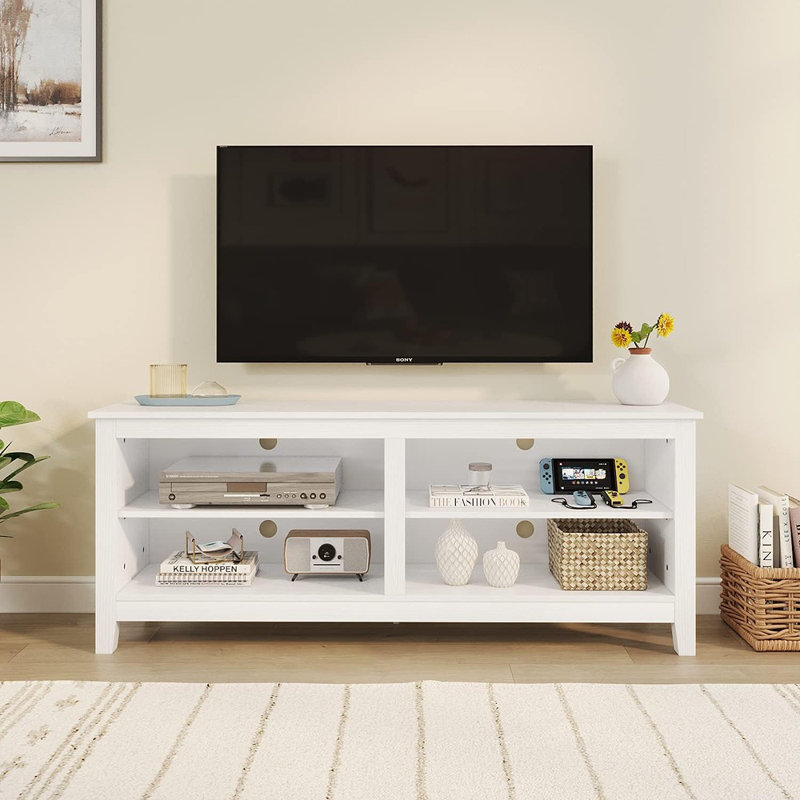 Meuble télé classique à 4 casiers pour téléviseur de 60 po ou moins, centre de divertissement blanc pour le salon ou la chambre à coucher