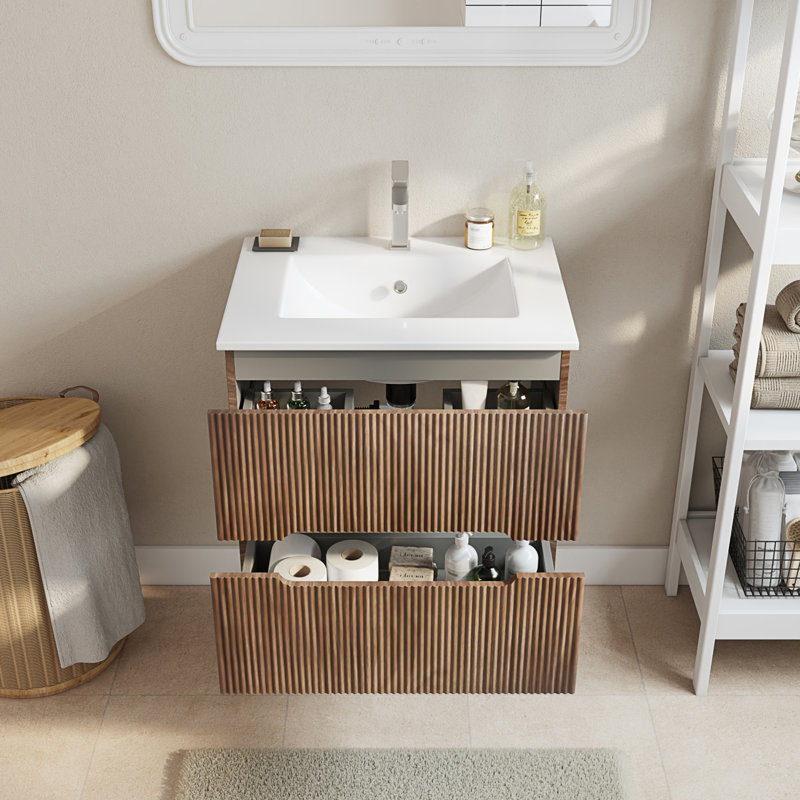  24" Wall Mounted Single Bathroom Vanity With Ceramic Sink Top And Faucet, Floating Cabinet With 2 Soft-Close Drawers, Walnut