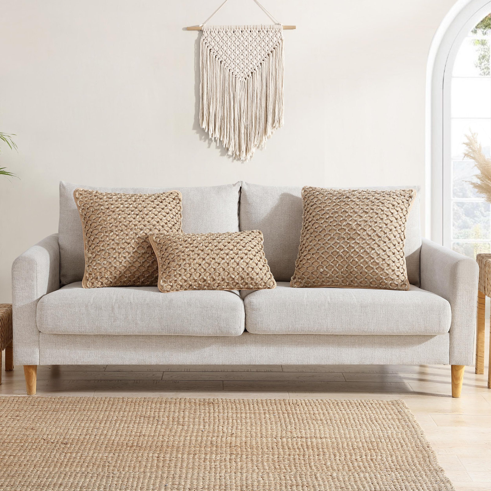 Ablo Textured Cotton Throw Pillow, Square 20", Beige/Natural