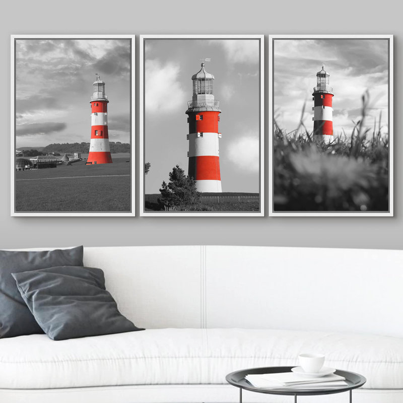 Décoration murale moderne phare de couleur vive avec paysage noir et blanc, Cadre flottant blanc, H 36 po x l 72 po