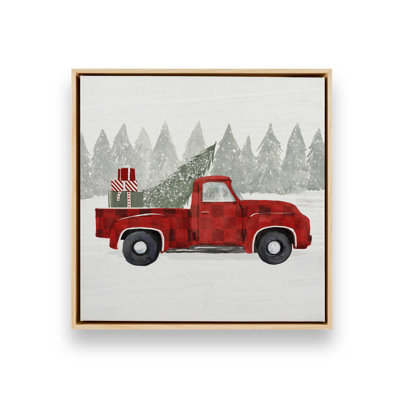 Red Truck Christmas Tree Pickup Print on Canvas in a Polished Chrome Frame