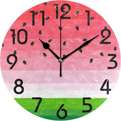 Naanle Summer Cut Watermelon Round Wall Clock, 9.5 Inch Battery Operated Quartz Analog Quiet Desk Clock For Home,Office,School,Kitchen
