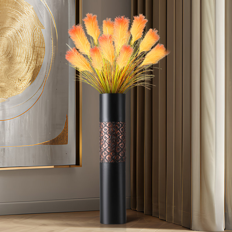 Grand vase de plancher en résine noire et bronze estampé, grand vase cylindrique décoratif, décor rustique moderne pour le salon et le vestibule