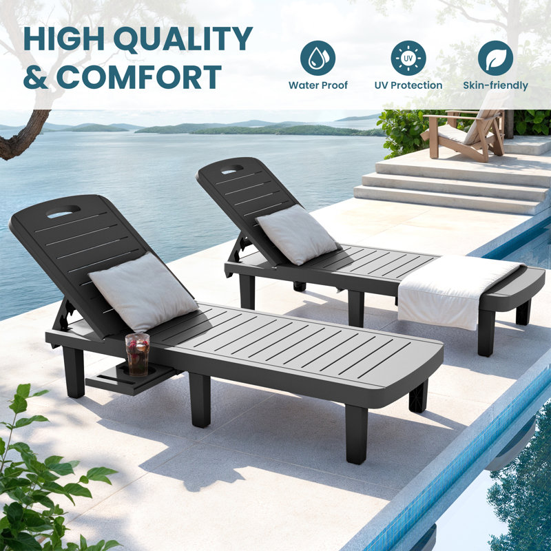 Black Resin Adjustable Outdoor Chaise Lounge Set with Cup Holders