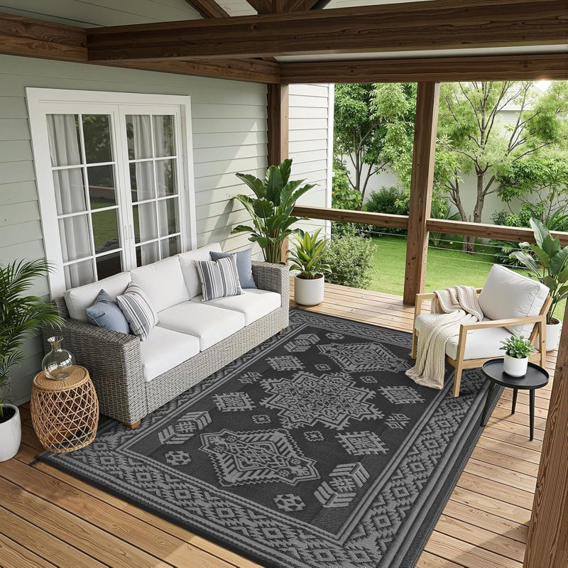 9x18 Ft Reversible Outdoor Plastic Straw Doormat, Waterproof Collapsible Vintage Area Rug For Patio Garden Deck Camping Picnic Porch Balcony, Black/Gray
