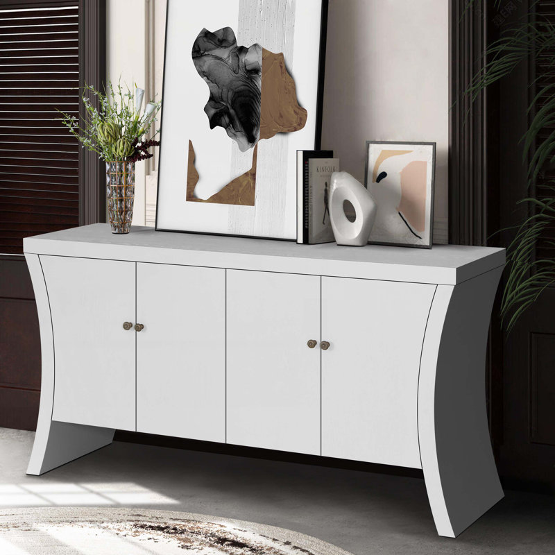 Armoire de rangement 4 portes avec pieds en bois, Blanc